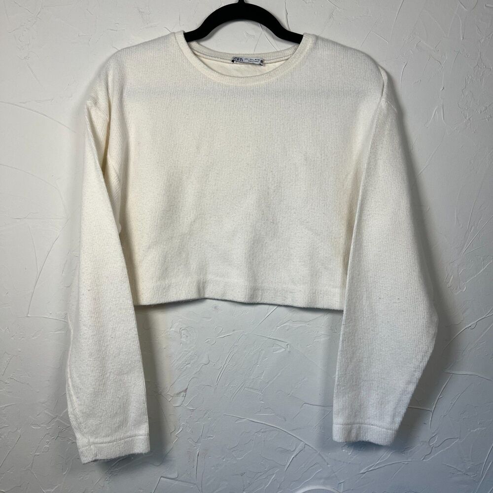 Zara Cream Cropped Ribbed Long Sleeve Sweater Minimalist Size L Capsule Wardrobe